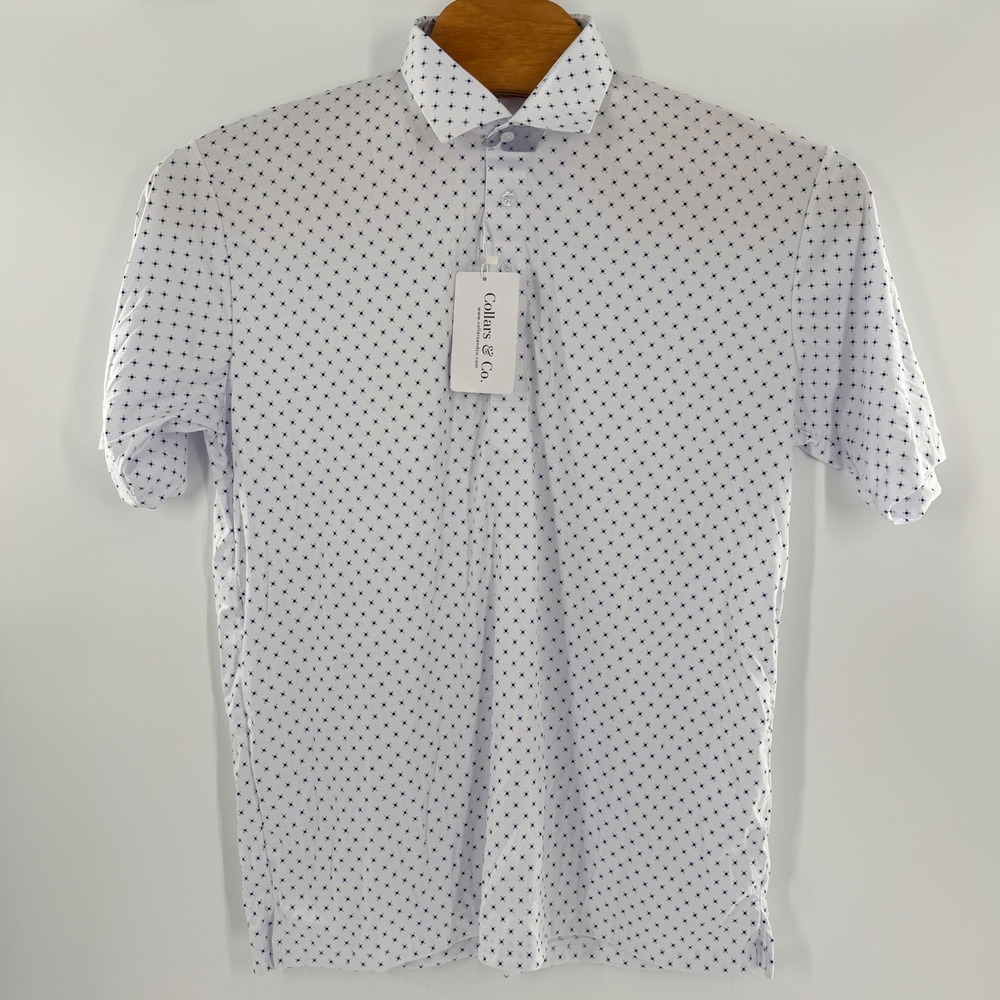 Collars & Co Mens Polo Shirt White Blue Geometric Performance Dress Collar NEW‎